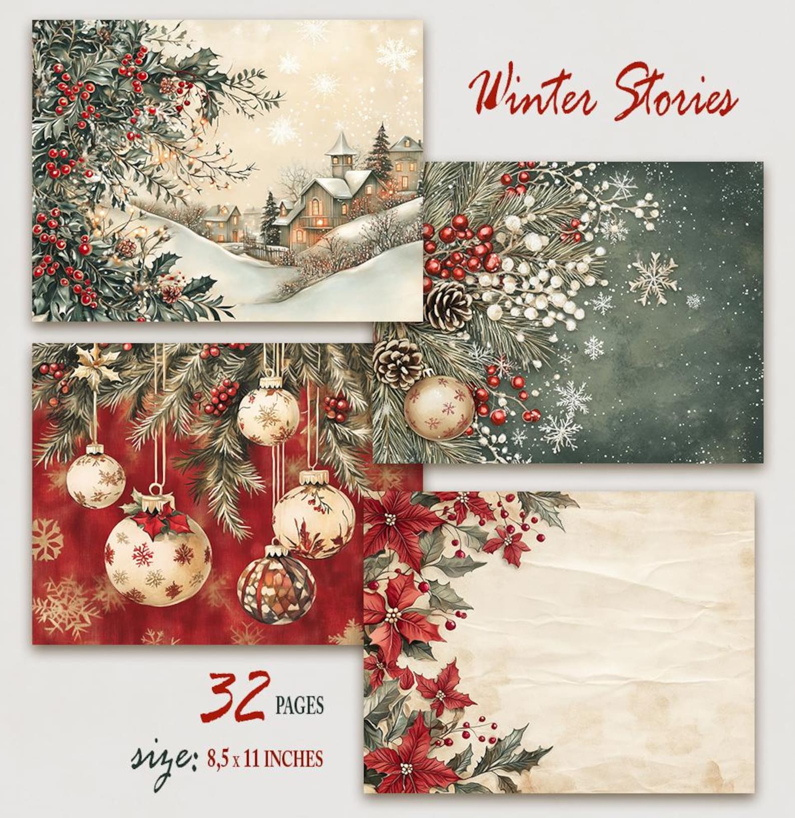 Christmas Junk Journal Pages, Festive Winter Digital Pages, Holiday ...
