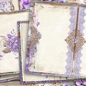 Páginas de diário pautadas em branco, kit básico de diário de lixo, folhas de colagem violeta digital, papéis digitais violetas, flores roxas digitais para scrapbook