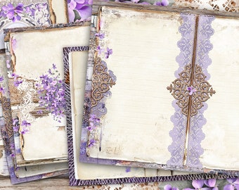 Blanco gelinieerde dagboekpagina's, Basic Junk Journal Kit, Digitale Violette Collagebladen, Viooltjes Digitale Papers, Scrapbook Digitale Paarse Bloemen