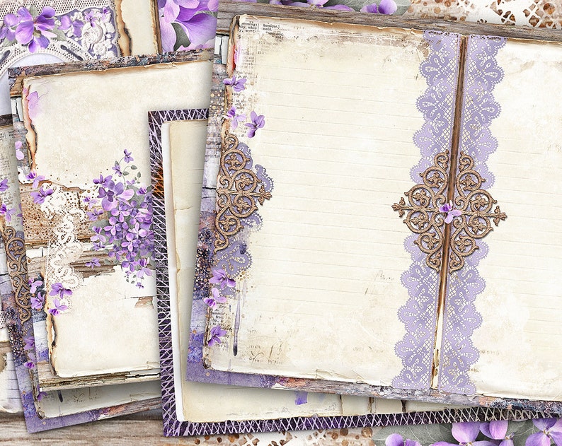 Blank Lined Journal Pages, Basic Junk Journal Kit, Digital Violet Collage Sheets, Violets Digital Papers, Scrapbook Digital Purple Flowers image 1