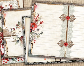 Christmas Junk Journal Pages, 10 Lined Vintage Holly Berry Kit