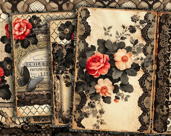 Dark Lace Junk Journal Printable Pages, Floral Lace Collage Sheets, Black Gothic Lace Journal Kit, Vintage Lace Grunge Paper, Roses Papers