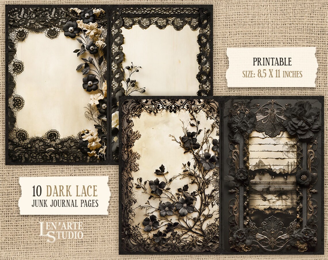 Dark Lace Junk Journal Printable Pages, Digital Lace Collage Sheets ...
