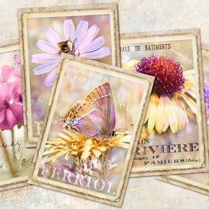 Vintage botanische kaartenset, ongewenste tijdschriften afdrukbare bloemenkaarten ATC, wilde bloemen collageblad, lente botanische ephemera, plant, natuur