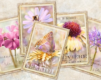 Vintage Botanical Card Set, Junk Journal Printable Floral Cards ATC, Wild Flowers Collage Sheet, Spring Botanical Ephemera, Plant, Nature