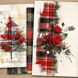 Papeles de diario basura navideños, cuadros escoceses imprimibles, páginas de diario basura con rosas rojas, papel digital con cuadros escoceses, kit de diario de vacaciones