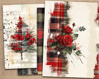 Christmas Junk Journal Papers, Scottish Tartan Plaid Printable, Red Roses Junk Journal Pages,Buffalo Plaid Digital Paper,Holiday Journal Kit