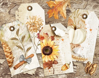 Fall Junk Journal Tags, Autumn Ephemera, Junk Journal Supplies, Fall Gift Tags, Autumn Digital Tag, Pumpkins, Sunflowers, Digital Printables