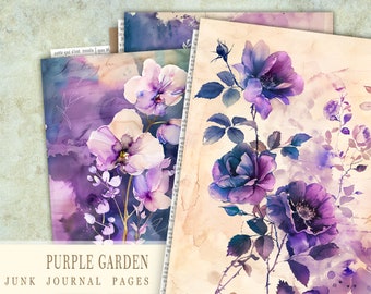 Vintage Floral Junk Journal Papers, Purple Flowers Printable Paper, Scrapbooking, Digital Floral Print,Violet Garden Collage,Decoupage Paper