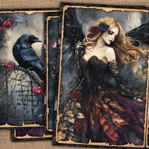Papeles de diario basura de Halloween, papeles imprimibles de estilo gótico oscuro, imprimibles de Halloween, ángeles góticos, kit de diario vintage, Halloween digital