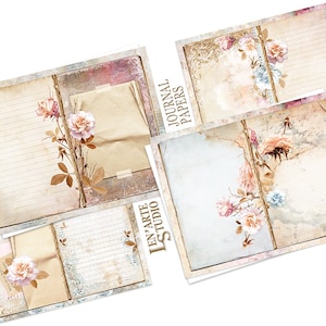 Blank Lined Journal Pages, Junk Journal Basic Papers, Printable Shabby Pages, Faded Roses Paper, Floral Digital, Faded Roses Collage sheet image 3