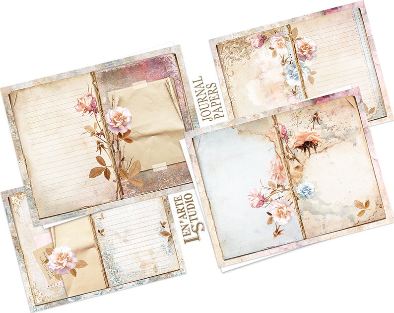 Blank Lined Journal Pages, Junk Journal Basic Papers, Printable Shabby Pages, Faded Roses Paper, Floral Digital, Faded Roses Collage sheet image 3