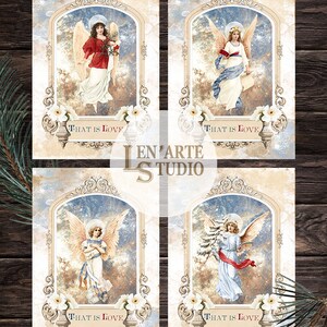 Peut inclure: Quatre cartes de No&euml;l vintage repr&eacute;sentant des anges avec des ailes et des halos. Chaque carte a un cadre orn&eacute; bleu et or avec le texte "That is Love" en bas.
