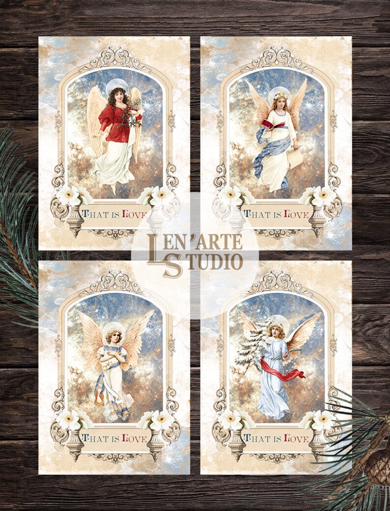 Peut inclure: Quatre cartes de No&euml;l vintage repr&eacute;sentant des anges avec des ailes et des halos. Chaque carte a un cadre orn&eacute; bleu et or avec le texte "That is Love" en bas.