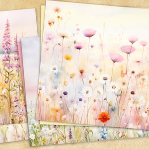 Papiers imprimables de journal indésirable fleurs sauvages, kit de journal indésirable fleurs aquarelles, feuille de collage floral, papiers numériques fleurs printanières imprimables