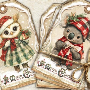Tags kerstdieren, winterdieren dagboektags, schattige kerstdieren printables, ongewenste dagboek kerstcadeaukaartjes, afdrukbare vakantietags