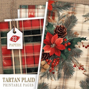 Papiers de journal écossais tartan de Noël, tartan de Noël imprimable, pages de journal indésirable tartan, papier numérique écossais Buffalo, kit de journal de vacances