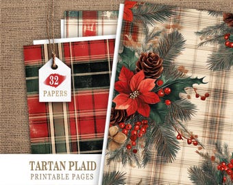 Weihnachten Tartan Karo Journal Papiere, Weihnachten Tartan Printable, Tartan Junk Journal Seiten, Buffel Karo digitales Papier, Urlaub Journal Kit