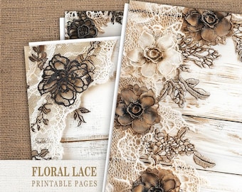 Vintage Lace Journal Papers, Printable Floral Lace Shabby Chic Pages, Dark Lace Kit, Digital Lace Collage Sheet, Lace Wedding, Card Making
