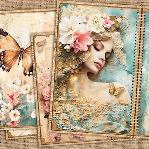 Vintage vrouwen junk Journal Kit, Beautiful Lady in Lace digitaal papier, afdrukbare bloemenpagina's, Rose en Lace Papers, Shabby Chic Teal Papers, Shabby Chic Teal Papers