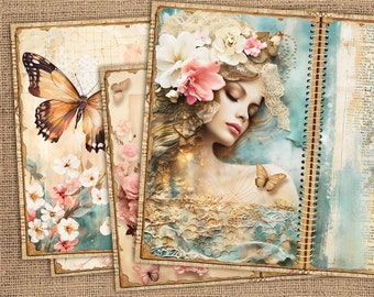 Kit de journal indésirable pour femmes vintage, belle dame en dentelle, papier numérique, pages florales imprimables, papiers roses et dentelle, papiers sarcelle shabby chic