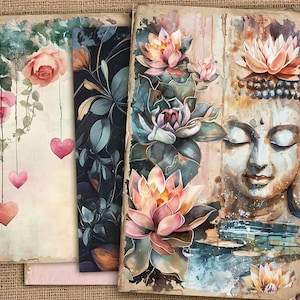 May include: Watercolor art prints featuring a Buddha, lotus flowers, roses, and hanging hearts. The prints have a vintage, distressed look with soft pinks, greens, and blues. The Buddha print has a serene expression.