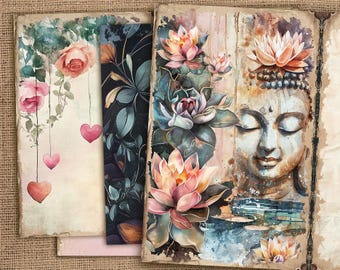 Printable ZEN Junk Journal Pages, Digital Yoga Pages, Meditation Journal Pages, Mindfulness Journal Papers, Zen Collage Sheet, Buddha Print