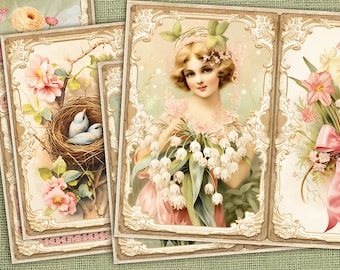 May include: A vintage-style collage featuring three images with floral motifs. The first image shows a bird's nest with two bluebirds. The second image shows a young woman in a pink dress holding a bouquet of white flowers. The third image shows a bouquet of pink and white flowers with a pink ribbon.