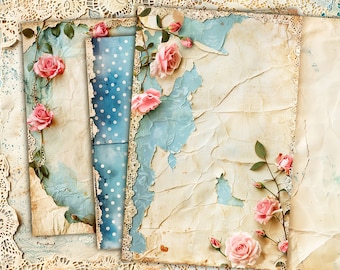 Blank Junk Journal Pages, Floral Junk Journal Kit, Basic Papers, Blue Printable Shabby Chic, Vintage Journal Tags, Roses Scrapbook Ephemera