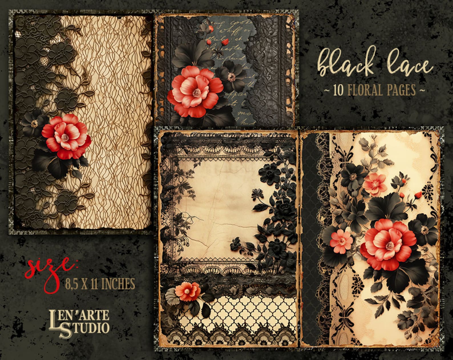 Dark Lace Junk Journal Printable Pages, Floral Lace Collage Sheets ...