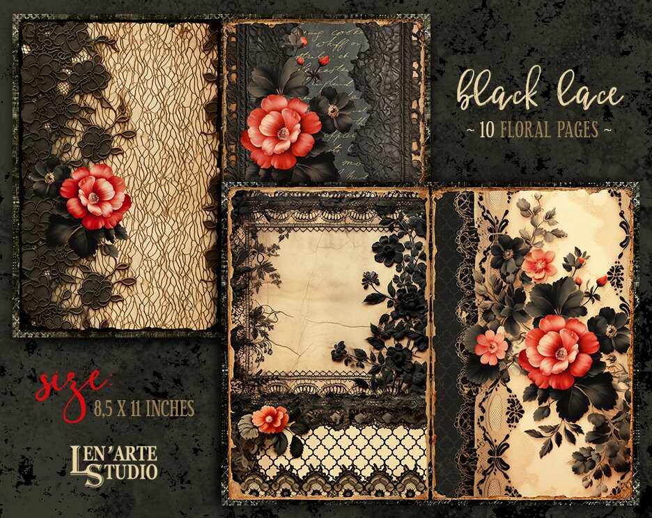 Dark Lace Junk Journal Printable Pages, Floral Lace Collage Sheets ...