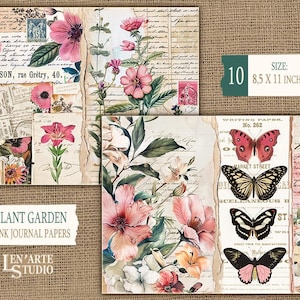 May include: A set of 10 digital papers featuring vintage botanical illustrations, butterflies, and handwritten text. The papers are perfect for junk journaling, scrapbooking, and other paper crafts. The papers are 8.5 inches by 11 inches.