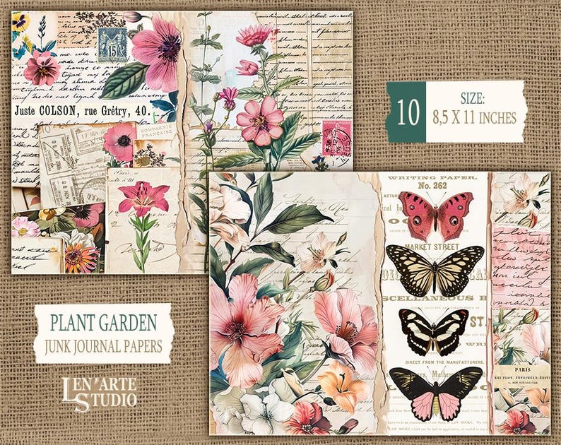 May include: A set of 10 digital papers featuring vintage botanical illustrations, butterflies, and handwritten text. The papers are perfect for junk journaling, scrapbooking, and other paper crafts. The papers are 8.5 inches by 11 inches.