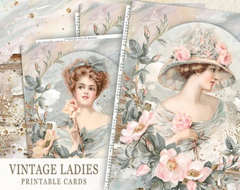 Vintage Victoriaanse dames collageblad, vintage vrouw junk journal kaarten, Victoriaanse ephemera, romantische dameshoed mode, antieke foto's