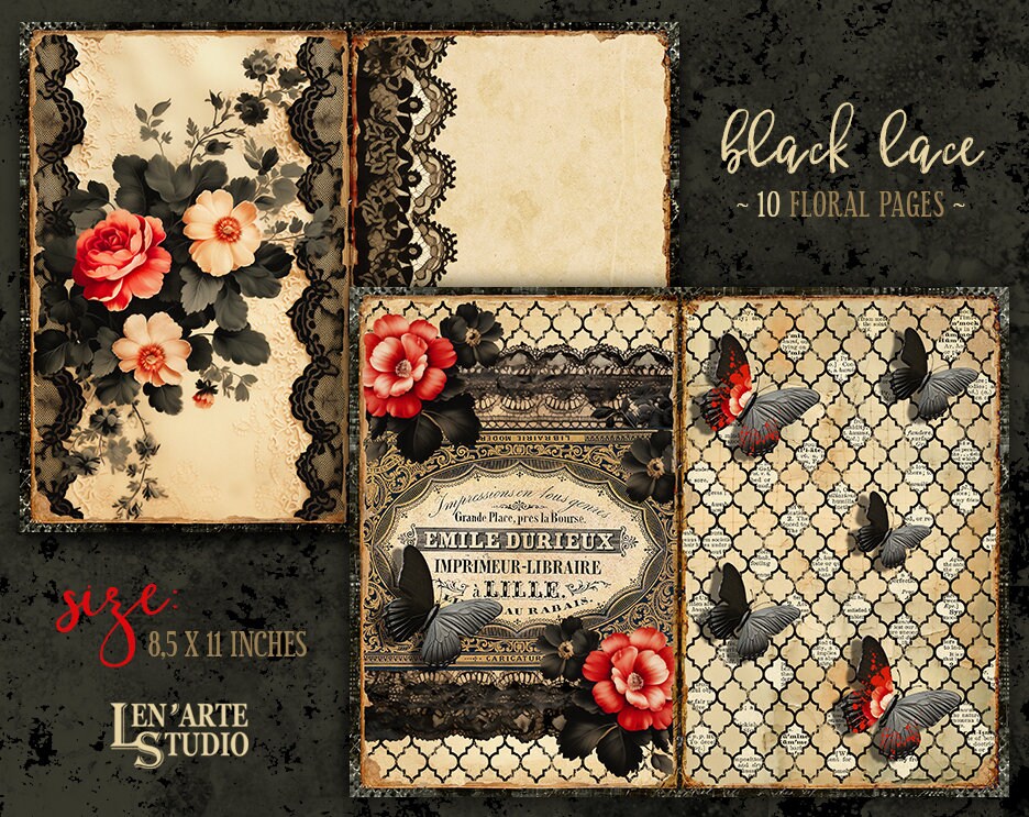 Dark Lace Junk Journal Printable Pages, Floral Lace Collage Sheets ...