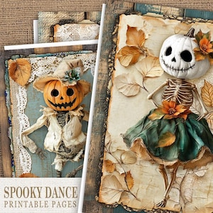 May include: Two printable pages featuring spooky Halloween characters. The first page features a skeleton dressed in a green skirt with a pumpkin head. The second page features a scarecrow with a pumpkin head. Both pages have a vintage, rustic aesthetic.