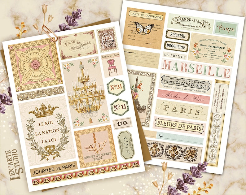 Vintage French Journal Efemer, Junk Journal Papers, French Journal labels, Parijs afdrukbare, vintage nummers Ephemera, Junk Journal Supplies afbeelding 4