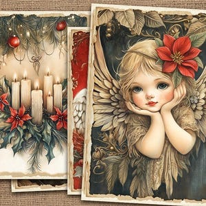 Kit de diario basura de ángeles navideños, papeles digitales navideños vintage, ángeles navideños, papeles imprimibles de vacaciones de invierno, hoja de collage digital