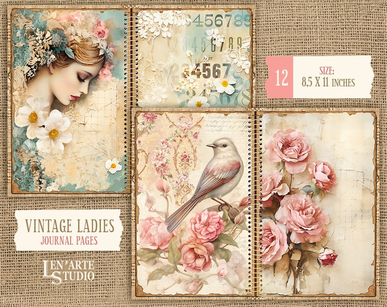 Vintage Women Junk Journal Kit, Beautiful Lady in Lace Digital Paper, Floral Printable Pages ...
