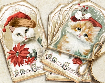 Christmas Journal Tags, Cats Vintage Ephemera, Christmas Gift Tag, Cat Journaling Tags, Journal Inserts, Christmas Vintage Tags, Kittens