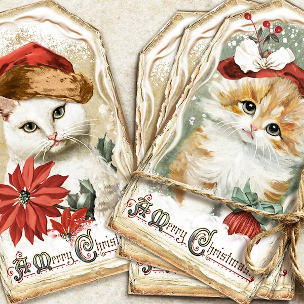 Etiquettes pour carnet de Noël, éphémères vintage chats, étiquette-cadeau de Noël, étiquettes de journalisation chat, encarts de journal, étiquettes vintage de Noël, chatons