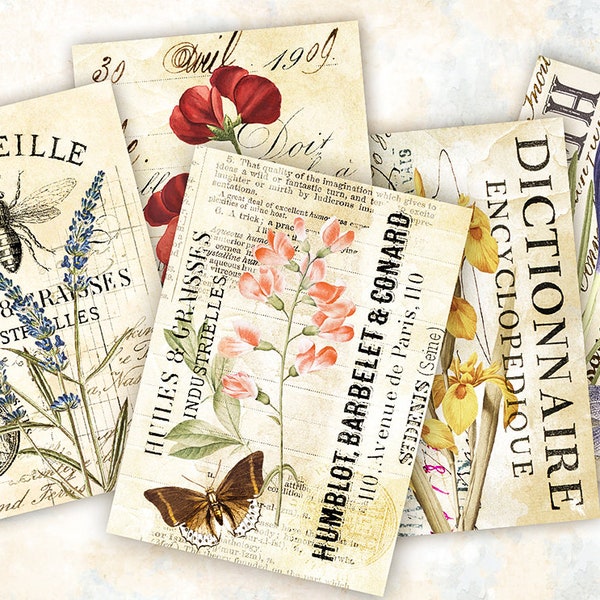 Jeu de cartes botaniques florales, cartes ATC vintage, éphémères imprimables, éphémères de journal, feuille de collage numérique, plante, jardin, cartes numériques ACEO