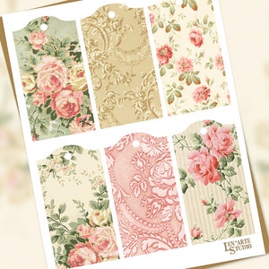 May include: Set of six printable gift tags featuring vintage floral patterns with pink roses and green leaves. The tags have a scalloped edge and a hole for string.