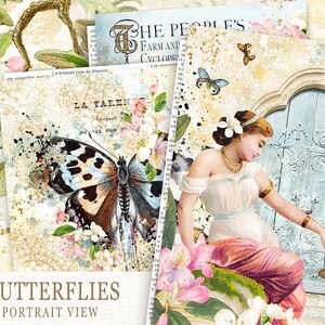May include: A digital collage featuring butterflies, flowers, and a woman in a vintage dress. The text "The People's Farm and Cyclopedia" is visible in the background. The image has a vintage aesthetic with a distressed, textured look.