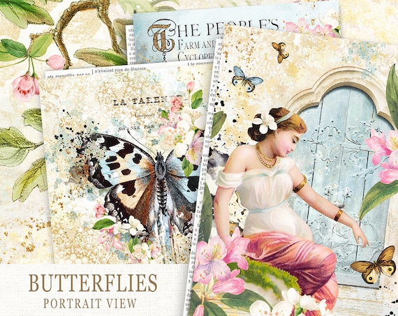 Spring Junk Journal Pages, Butterflies Journal Paper, Journal Floral Paper, Blossom Scrapbook Paper, Butterfly Collage Sheet, Digital Paper