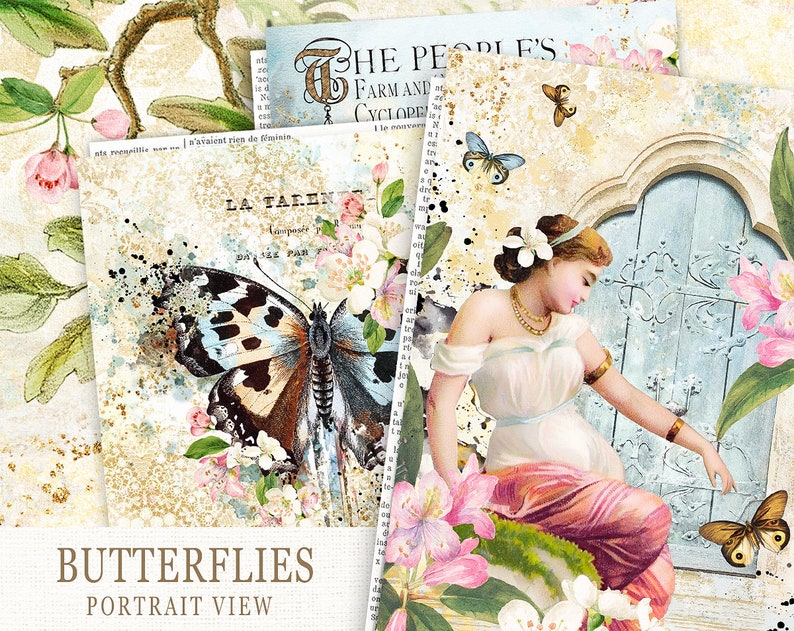 May include: A digital collage featuring butterflies, flowers, and a woman in a vintage dress. The text "The People's Farm and Cyclopedia" is visible in the background. The image has a vintage aesthetic with a distressed, textured look.