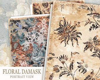 Floral Damask Junk Journal Papers, Vintage Damask Journal Pages, Shabby Printable Paper, Digital Damask Collage Sheet, Floral Antique Papers