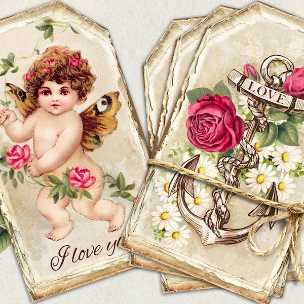 Vintage Valentine Printable Tags, Valentine's Day Junk Journal Tag, Vintage Ephemera Love, Cupid Gift Tag, Vintage Angels, Journal Inserts