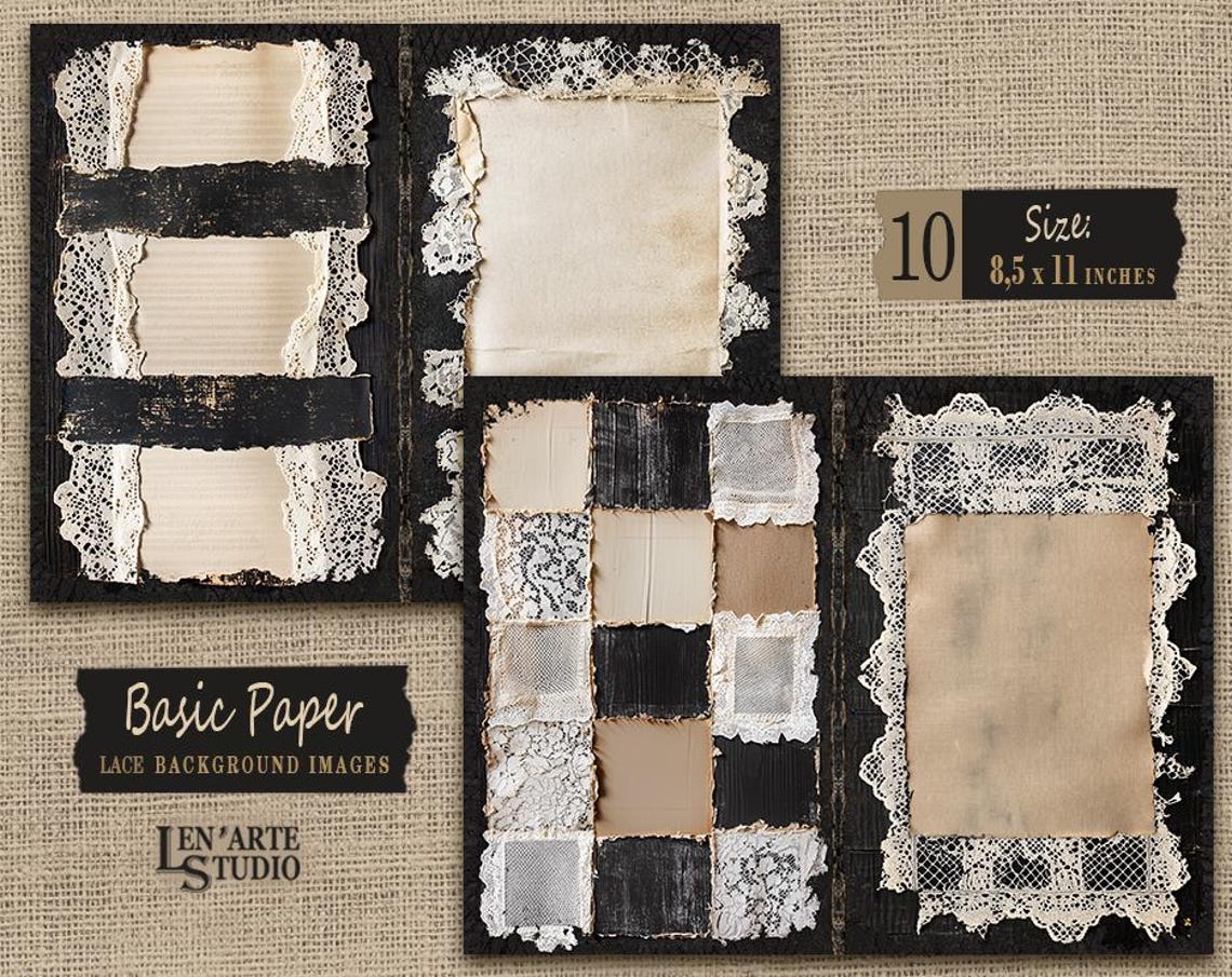 Blank Basic Junk Journal Printable Pages, Lace Collage Sheets, Black ...