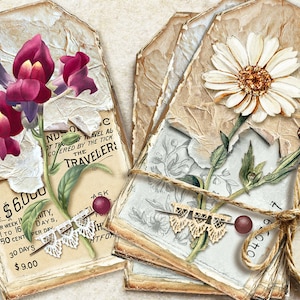 étiquettes botaniques vintage, étiquettes de journalisation fleurs, encarts de journal, fleurs imprimables, étiquettes cadeaux imprimables florales, fournitures de journal indésirable vintage